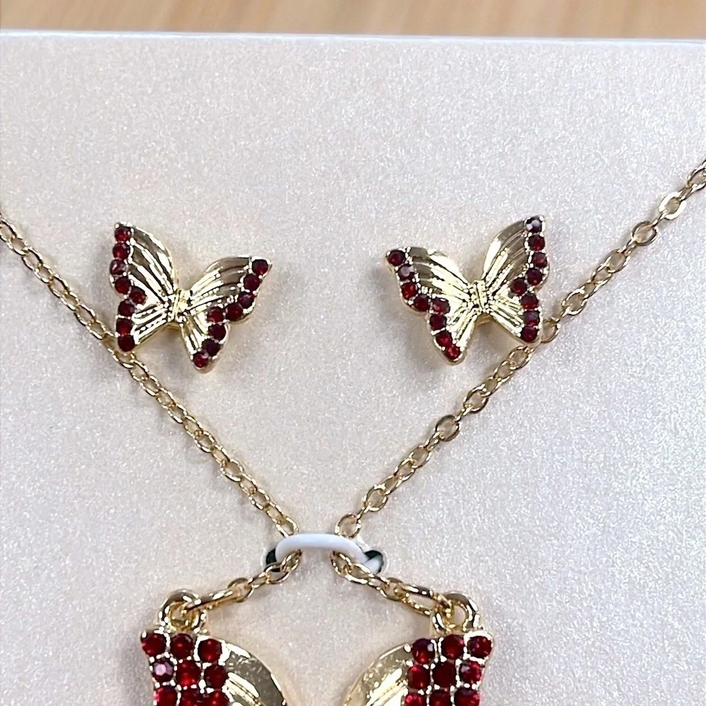 Brand New Butterfly Necklace & Post Earring Set Gold Tone Red Crystal Rhinestone
